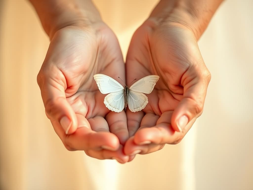 Hands holding a butterfly — symbolizing hope and care in Parkinson's